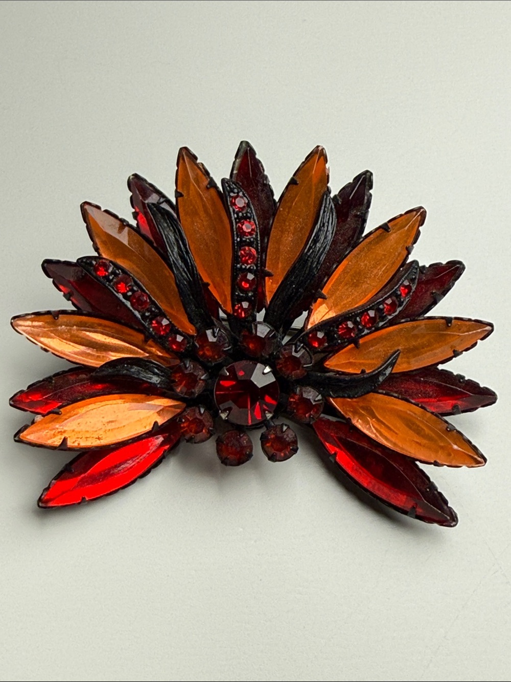 Vintage unsigned Selro Selini orange  & Garnet color Floral Brooch pin